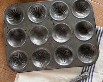 Vintage Madeleine Baking Tray: English Metal Mould, Shells, Leaves, Plane Shapes