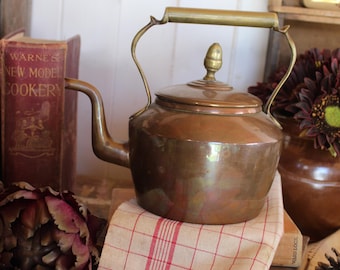 Antique Copper Kettle: small size, Brass & Wood Handle, 1910s Kitchen Decor