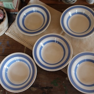 Può includere: Un set di cinque ciotole in ceramica bianco sporco con due strisce blu concentriche sul bordo. Le ciotole sono disposte su una superficie di legno con un panno di lino beige. È visibile anche un cucchiaio decorativo.