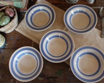 Vintage Carrigaline Irish Pottery Bowls, Blue Striped Cornishware Style, Set of 5 Bowls