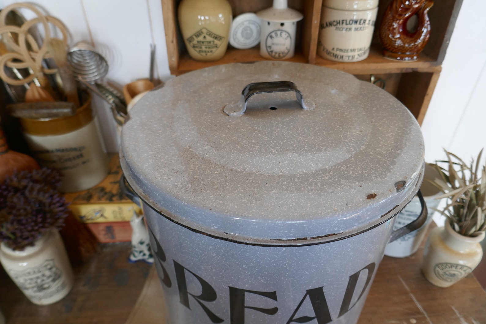 Antique Enamel Bread Bin Round Bread Box Enamel Bread Box Etsy