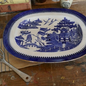 Antique Minton Ironstone English Blue and White - Antique Blue and White cake stand - blue and white English Ironstone - Old Willow Plate