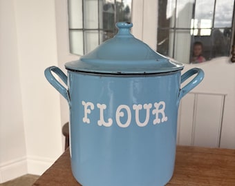 RARE Vintage Blue and White Enamel Flour Bin Canister: Vintage Kitchen Decor