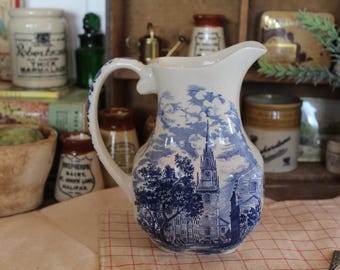 Antique English Transferware Jug: Blue and White Ironstone Jug, Farmhouse Decor