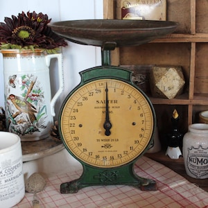May include: A vintage green Salter household scale with a round yellow face, black numbering from 0 to 28 pounds, and a metal weighing pan on top. The scale features a central black needle and text reading Salter Household Scale No 46.