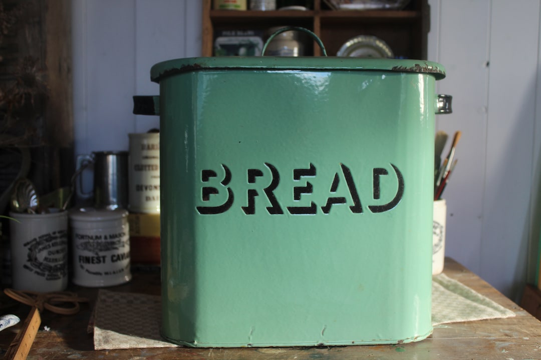 Vintage Enamel Bread Box, Rare Pastel Green Vintage Enamel Bread Box