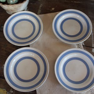 Vintage Carrigaline Irish Pottery plates, Blue Striped Cornishware Style, Set of 4 Side plates