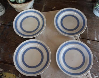 Vintage Carrigaline Irish Pottery plates, Blue Striped Cornishware Style, Set of 4 Side plates