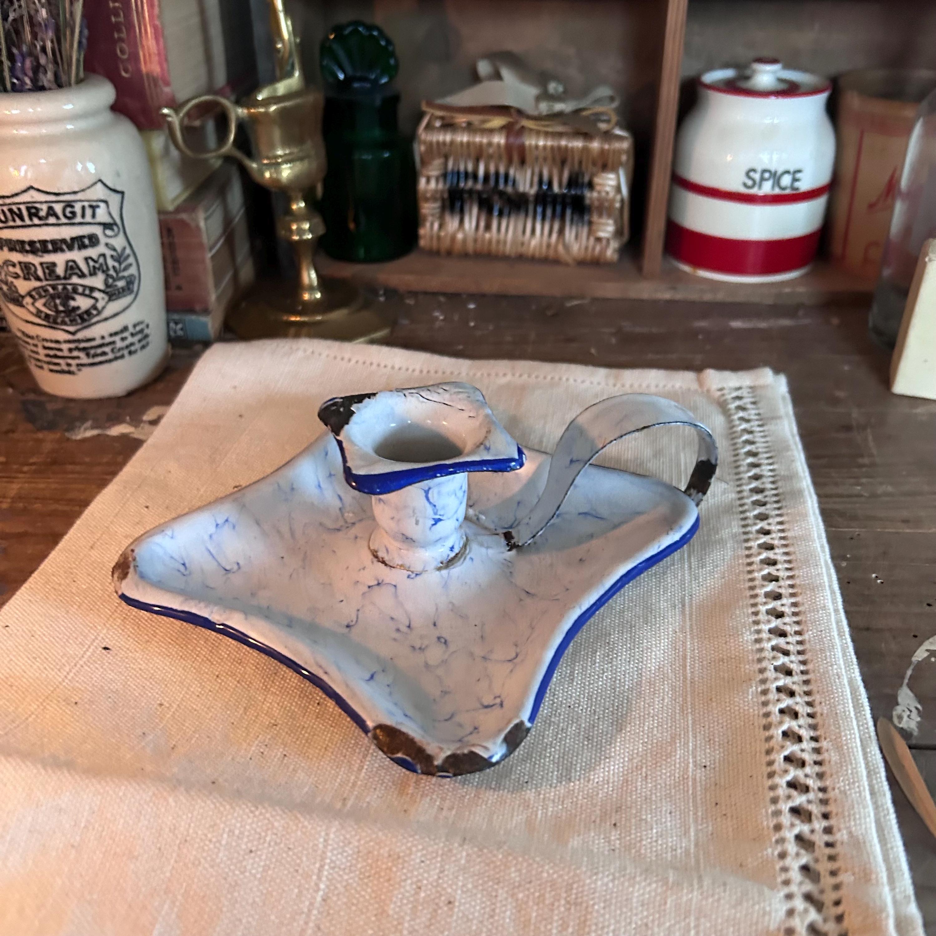 アンティーク雑貨 Antique Enamel Chamberstick Vintage French Enamel Chamber Stick, Candle Stick Holder