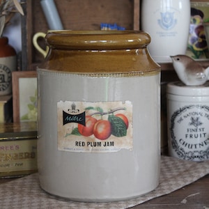Op de afbeelding: Een grote, antieke steengoed pot met een bruine rand en een etiket met de tekst "Red Plum Jam". Het etiket bevat illustraties van pruimen. Andere vintage potten en containers zijn op de achtergrond.