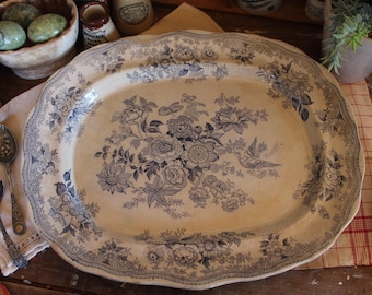 Large Antique English Ironstone Platter, Blue Asiatic Pheasants, Farmhouse Decor