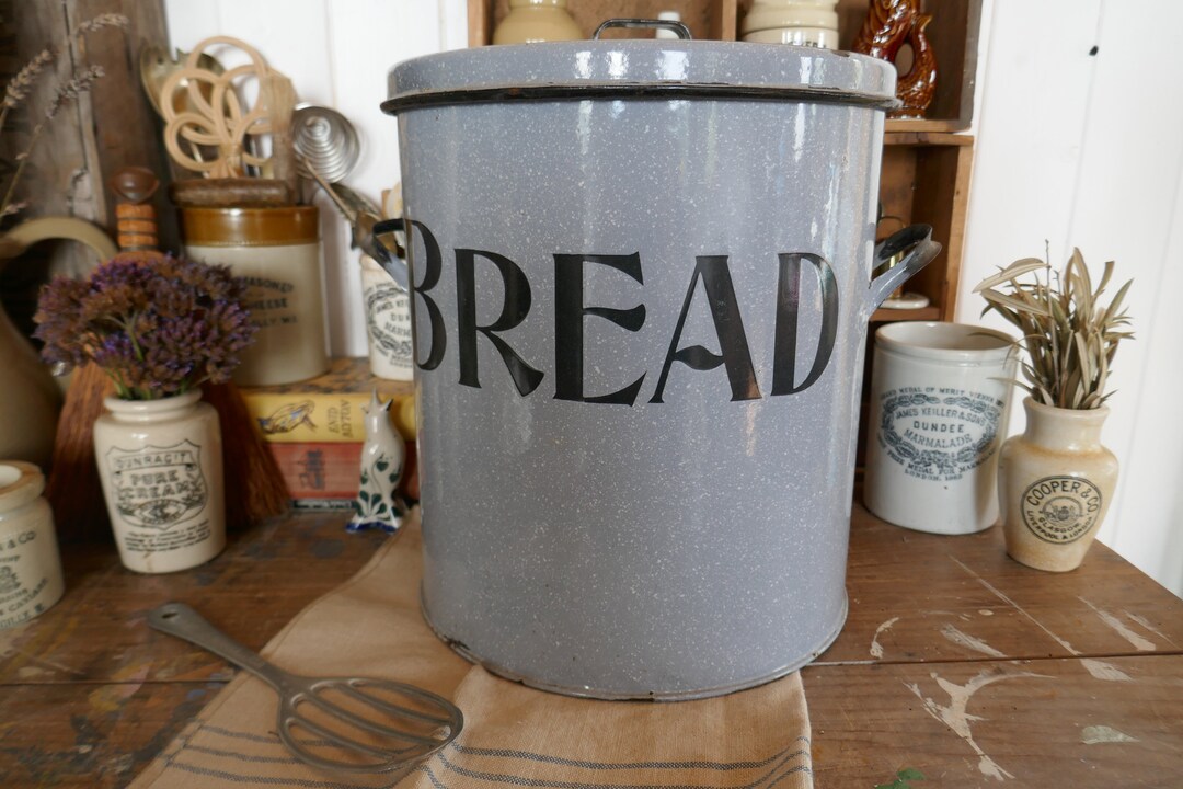 Antique Enamel Bread Bin Round Bread Box Enamel Bread Box English Bread