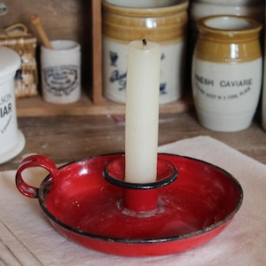 Vintage Enamel Candle Stick Holder, Christmas Decor, Chamber Stick, Candle Holder, Vintage Candle Holder, Red Candle Holder