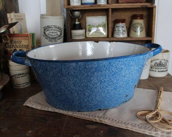 Vintage Blue Enamel Metal Planter, Galvanized Tin Bath, 1930s Laundry Tub