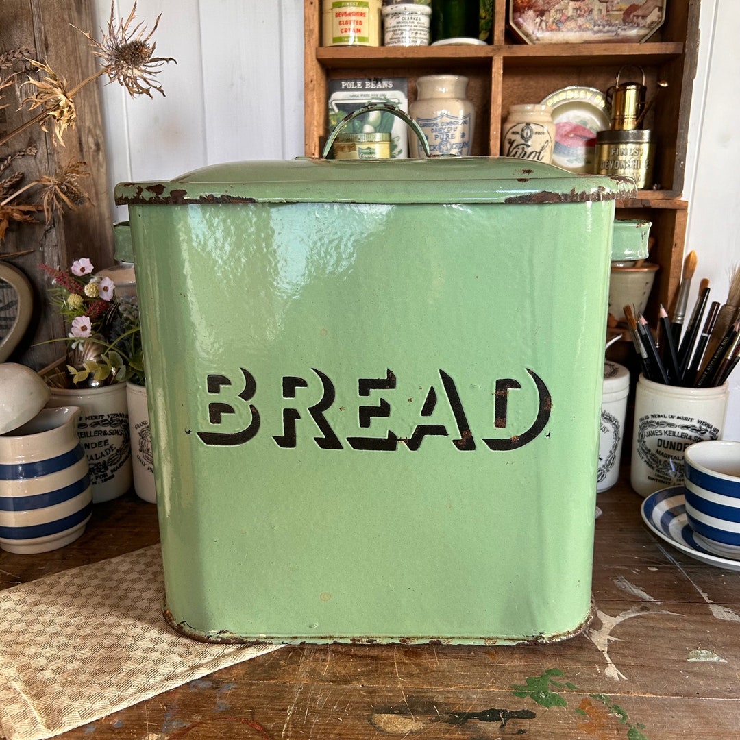 Vintage Enamel Bread Box, Rare Pastel Green Vintage Enamel Bread Box