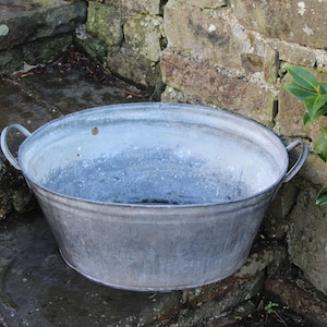 May include: A galvanized metal washtub with two curved handles. The oval-shaped tub is set on a stone surface next to a stone wall and green foliage. The tub has a weathered appearance.