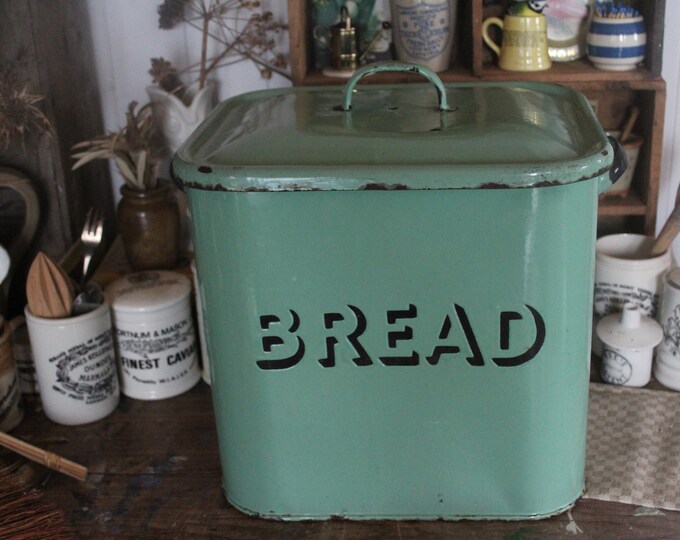Vintage Enamel Bread Box, Rare Pastel Green Vintage Enamel Bread Box
