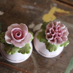 Könnte beinhalten: Zwei salz- und pfefferstreuer in Form von Blumen aus Keramik. Einer ist eine Rose, der andere eine Nelke, beide in Rosa- und Weißtönen. Die Blumen sitzen auf weißen, runden Sockeln mit goldenen Verzierungen und grünen Blättern.