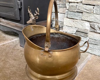 Large Antique Brass Coal Bucket: Vintage Fireplace Kindling Scuttle
