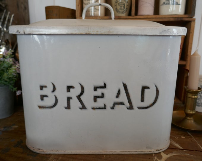 Unusual Small Size Vintage Enamel Bread Bin White Enamel Bread Box