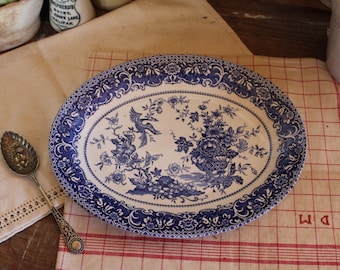 Antique Ironstone English Blue and White Staffordshire Pottery Platter: Farmhouse Decor, Asiatic Pheasant Plate