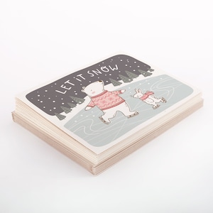 Let It Snow Christmas Card Set, Skating Polar Bear and Bunny Card Pack of 10 or 12