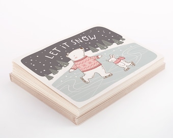 Let It Snow Christmas Card Set, Skating Polar Bear and Bunny Card Pack of 10 or 12