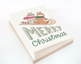 Fox & Raccoon Christmas Card Set, Tobogganing Animals Holiday Card Pack