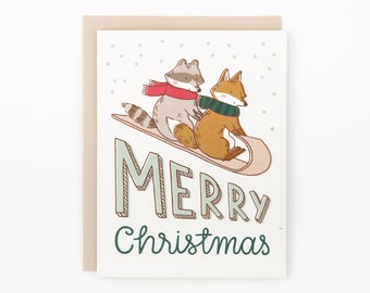 Fox & Raccoon Christmas Card, Friend Holiday Card