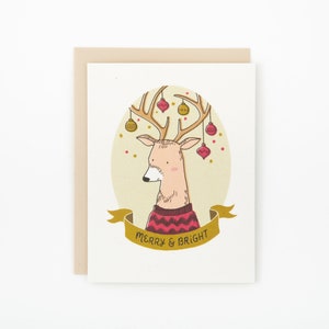 Deer Holiday Card, Cute Christmas Card, Merry and Bright Deer Card