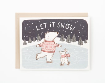 Let It Snow Polar Bear Christmas Card, Skating Bunny Christmas Card