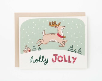 Holly Jolly Christmas Deer Card, Reindeer Holiday Card