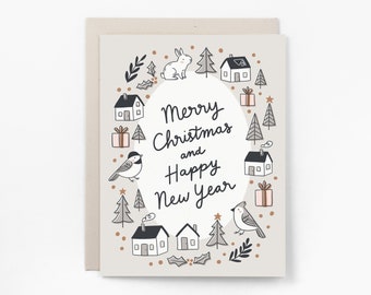 Merry Christmas Village Card, Happy New Year Holiday card