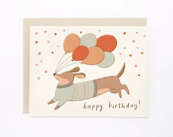 Birthday Dachschund with Balloons Card, Wiener Dog Card