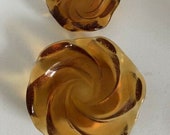 Vtg pair fenton amber textured swirled glass round ashtrays heavy thick