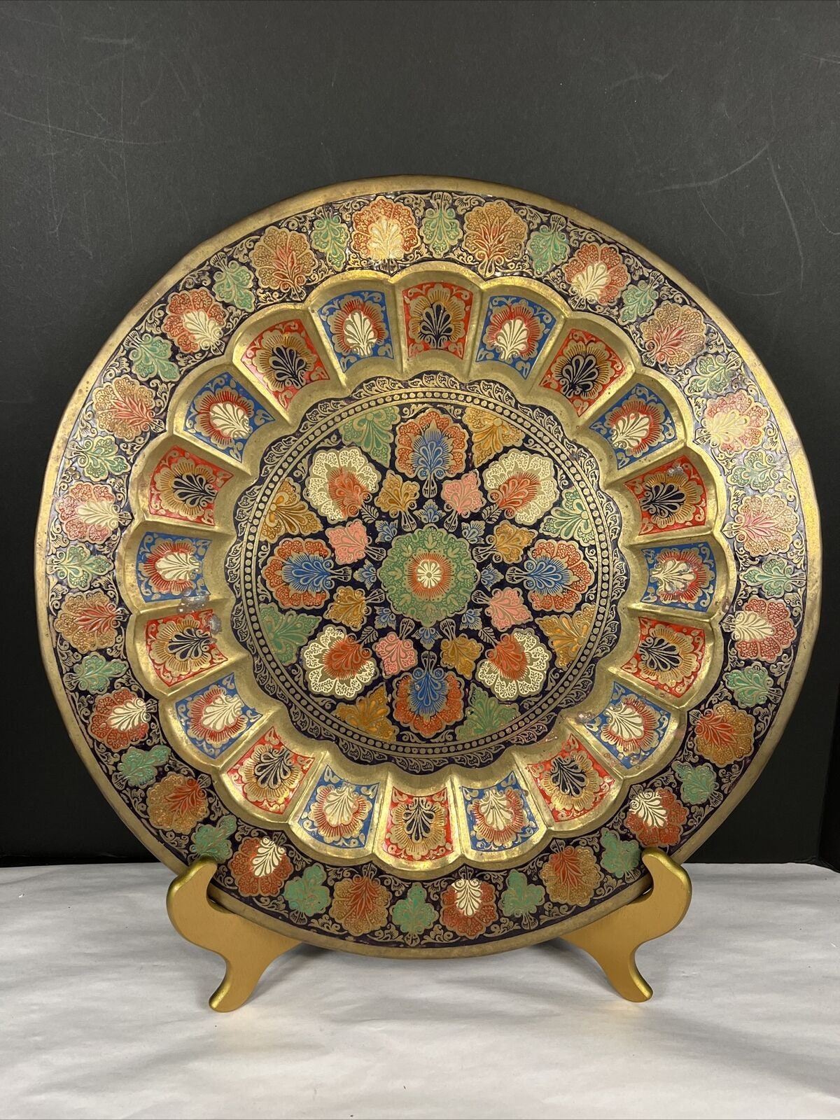 Vintage brass tray enameled etched wall hanging decorative 17.5” round