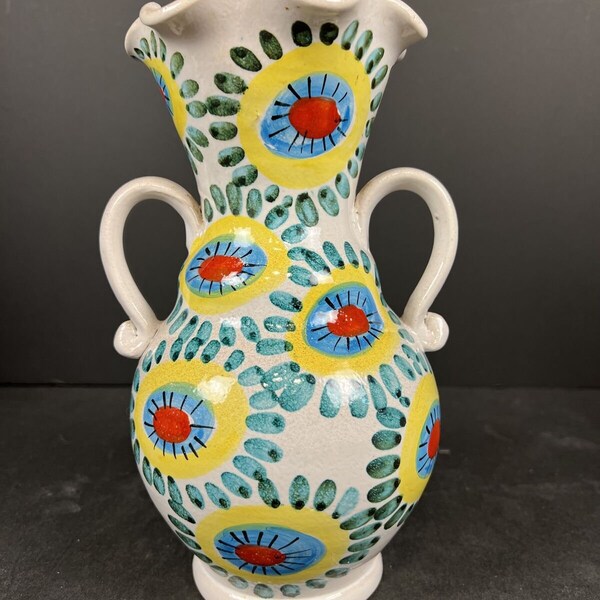 Mid century italian ceramic vase 2- handle aqua yellow red italy 9.75” vtg