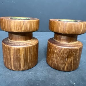 Pair mid century modern danish teak wood  candle holders mcm denmark hand turned