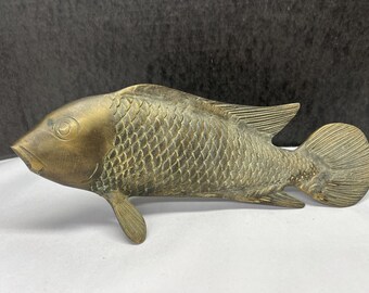 Vtg brass fish figurine koi carp paperweight nautical 12” x 5”