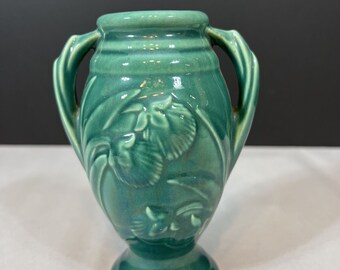 Vintage shawnee pottery green vase 5 1/4 inches embossed flowers