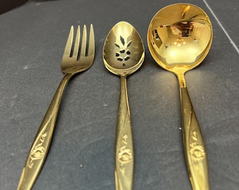 Oneida oneidacraft gold lasting rose stainless serving fork spoon ladle 3pc