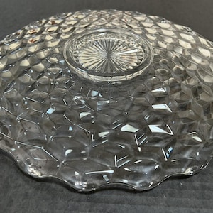 May include: Clear glass serving plate with a textured, geometric pattern. The plate has a scalloped edge and a raised, circular base with a starburst design. The plate is designed for serving food.