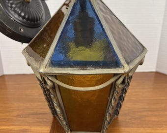 Antique tudor leaded stained glass ceiling hanging light fixture porch 9” foyer
