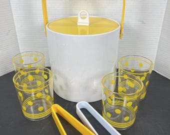 Vintage mod mid century yellow plastic ice bucket  cups tongs polka dots