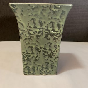 May include: A square-shaped, light green vase with a textured surface. The vase has a flared top and a speckled, mottled pattern in darker green. The overall design is simple and elegant, suitable for displaying flowers or as a decorative piece.