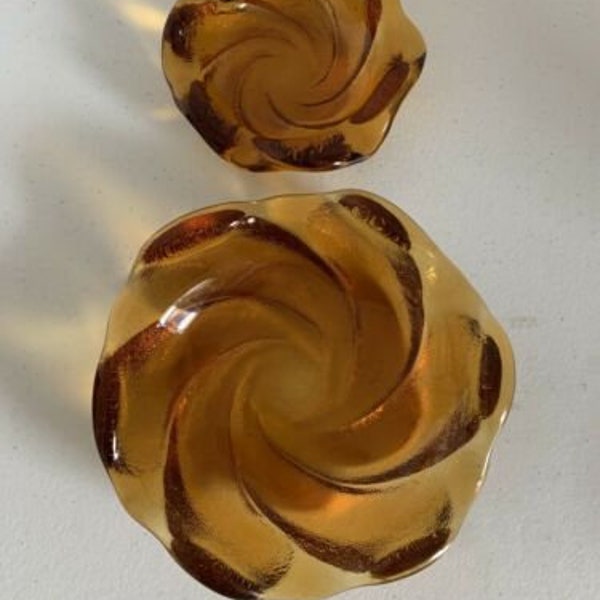 Vtg pair fenton amber textured swirled glass round ashtrays heavy thick slab