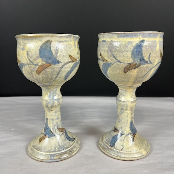 Pair of handmade studio art pottery wine goblet chalice cup signed