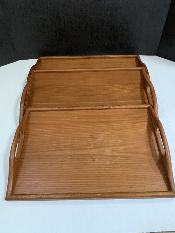 Vintage dolphin mcm teak stacked serving trays with h… Gem