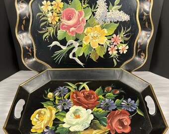 Vtg pair toleware black floral shabby tin tray hand painted large 21” & 18”