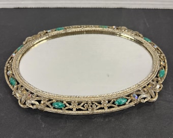 Vtg sam fink florenza jeweled gilded ornate mirrored vanity tray 8.5” x 6”